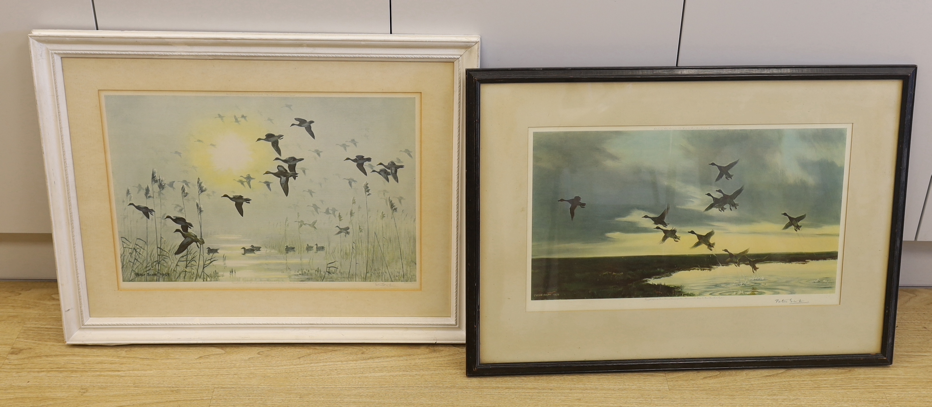 Peter Markham Scott (1909-1989) two colour chromolithographs, Birds in flight, publ. Arthur Ackerman, London, signed in pencil, each with embossed blindstamp, largest 57 x 33cm